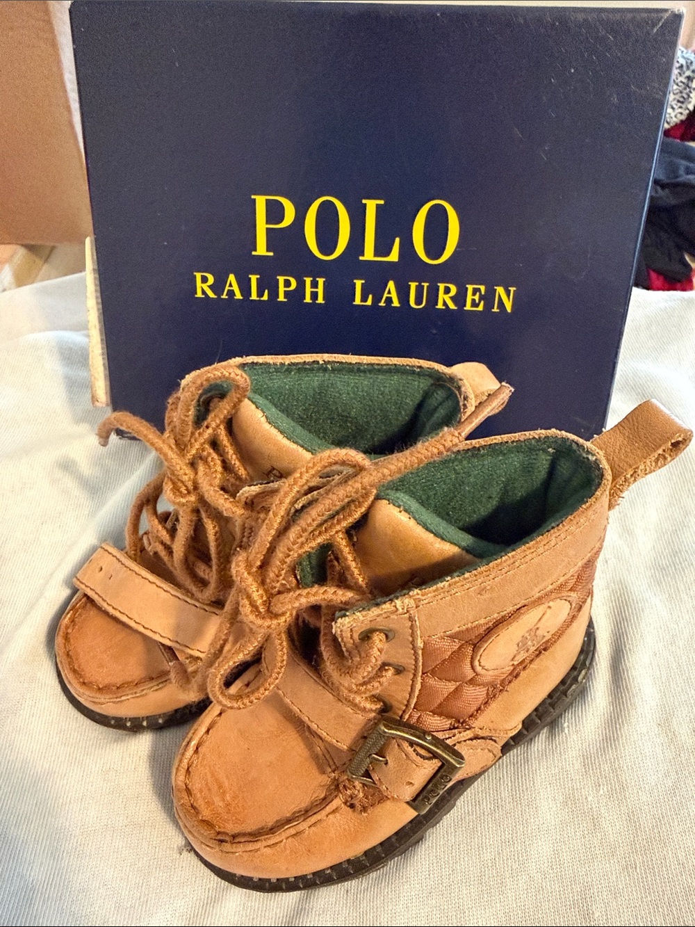 Polo by Ralph Lauren Tan Leather Baby Lace-Up Boots with Green Lining